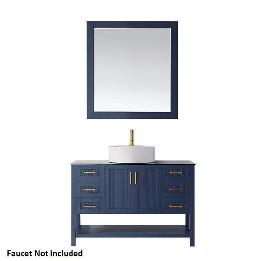 Vinnova Modena 48" Royal Blue Freestanding Single Vanity Set In Dark Black Glass Top With Vessel Ceramic Sink and Mirror