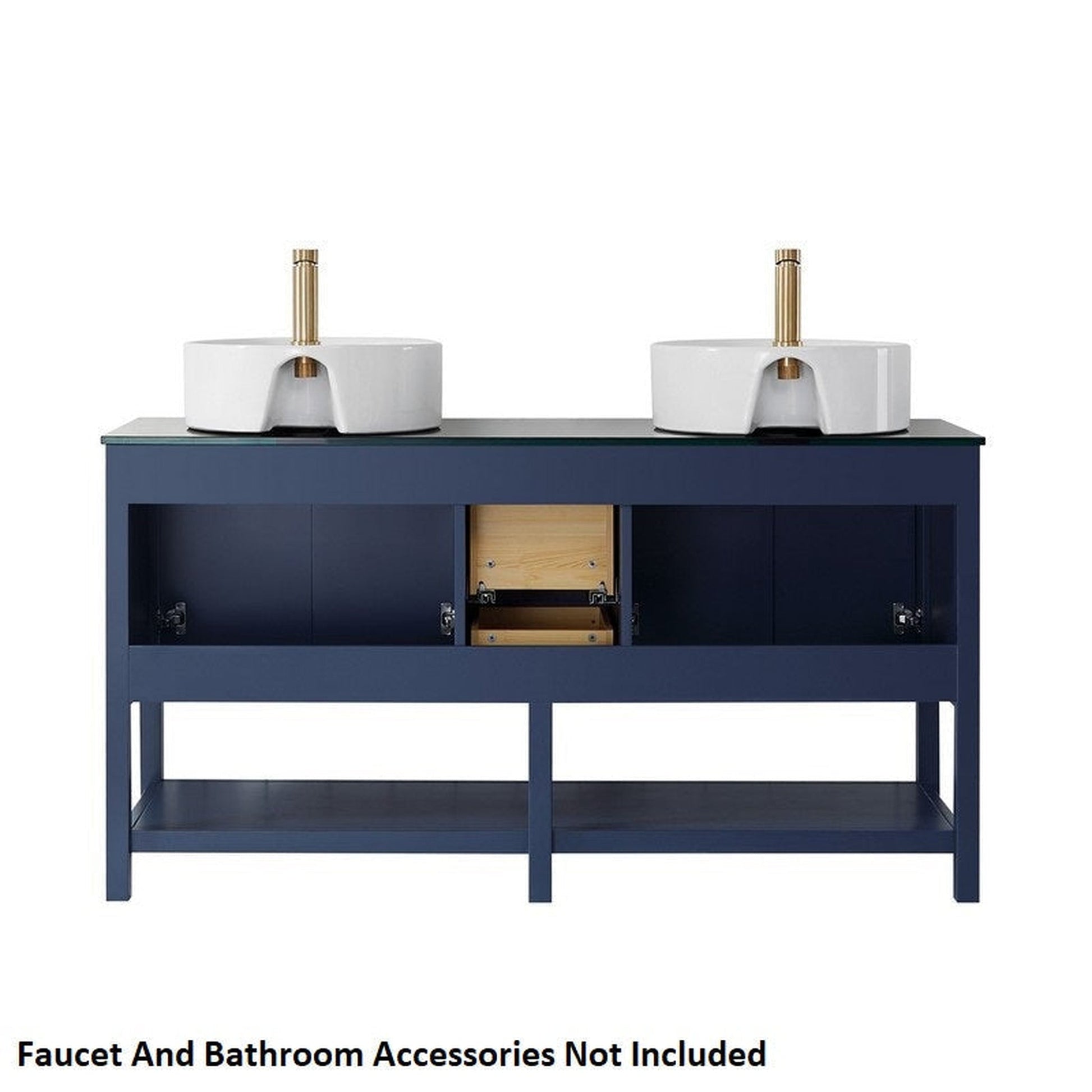 Vinnova Modena 60" Royal Blue Freestanding Double Vanity Set In Dark Black Glass Top With Vessel Ceramic Sink