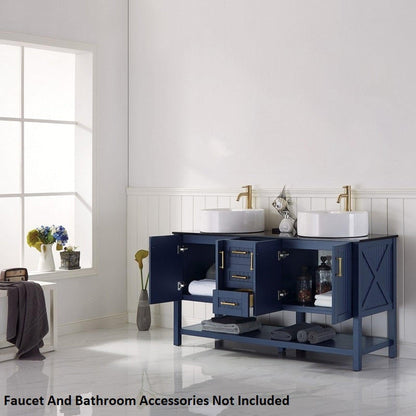 Vinnova Modena 60" Royal Blue Freestanding Double Vanity Set In Dark Black Glass Top With Vessel Ceramic Sink