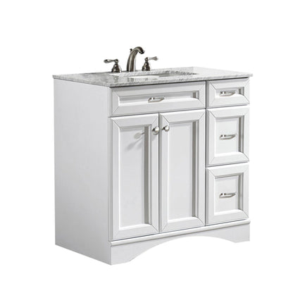 Vinnova Naples 36" White Freestanding Single Vanity Set In White Carrara Marble Top With Undermount Ceramic Sink