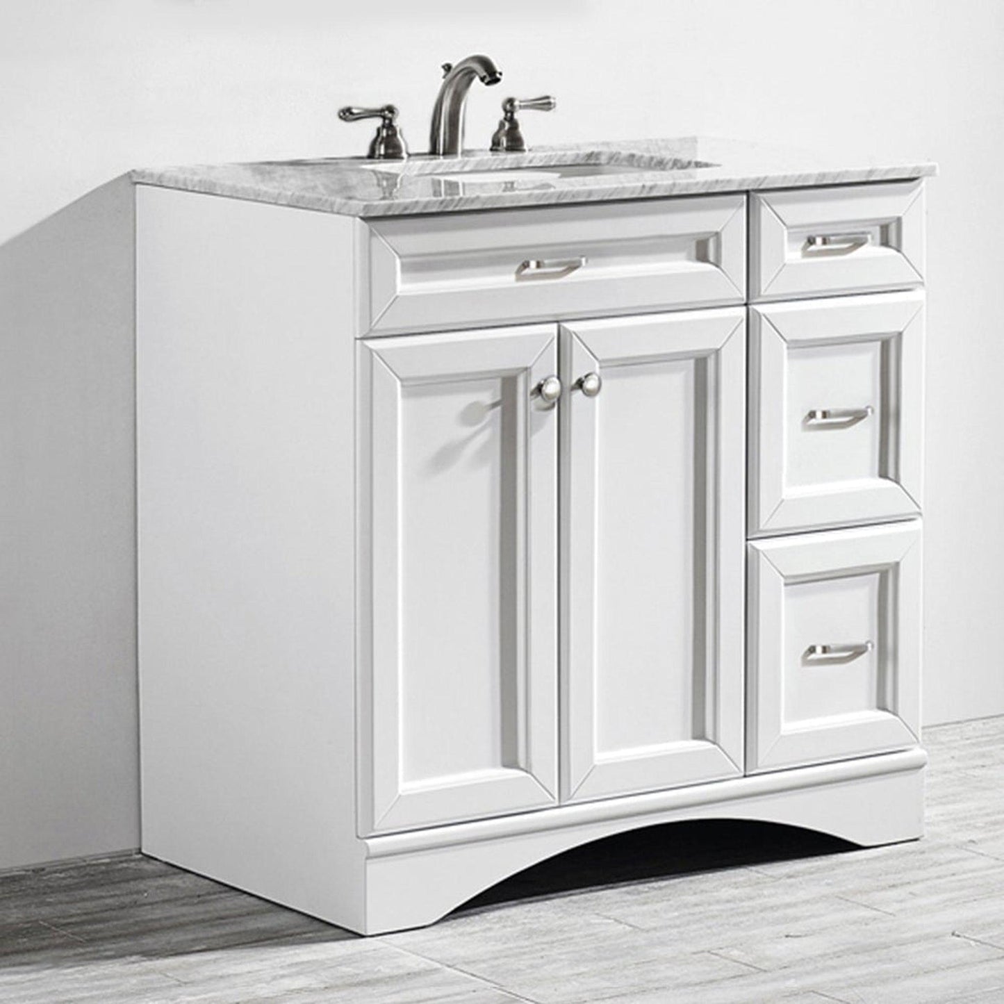 Vinnova Naples 36" White Freestanding Single Vanity Set In White Carrara Marble Top With Undermount Ceramic Sink