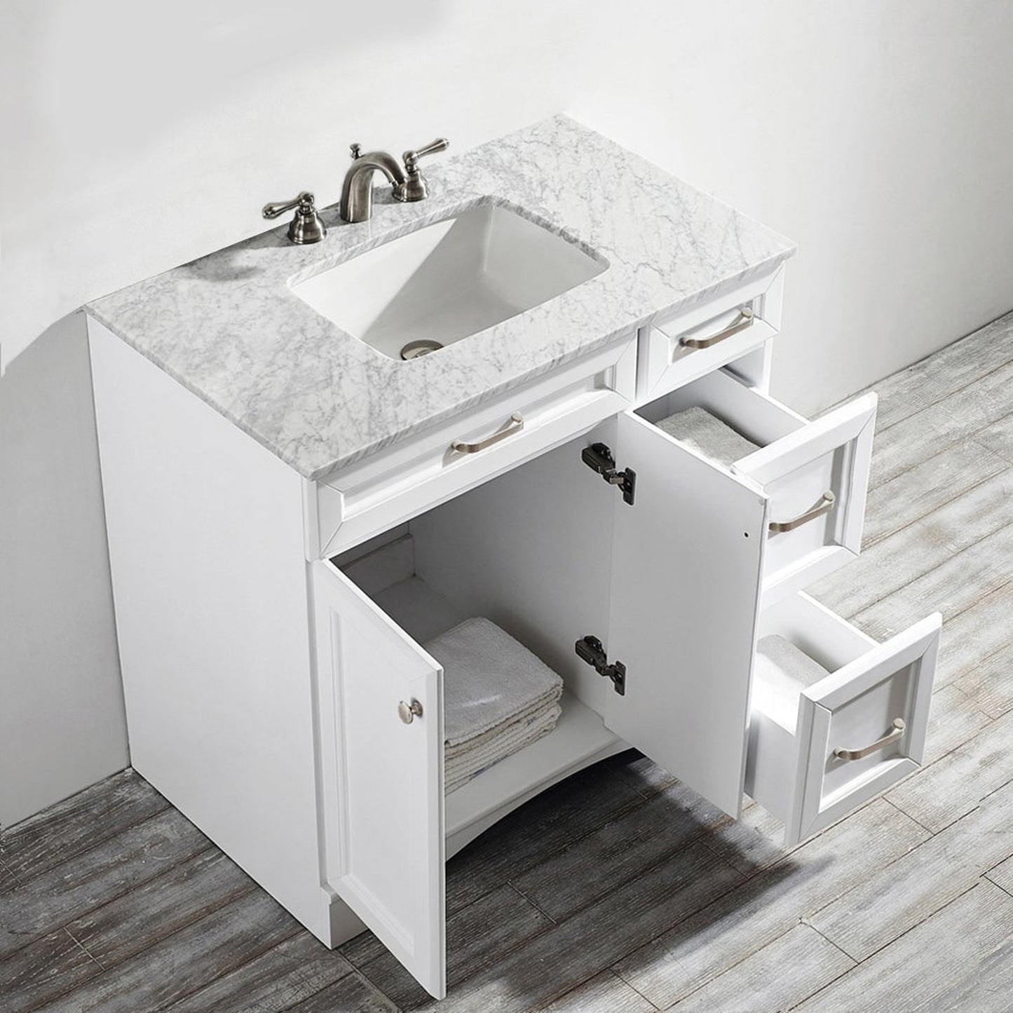 Vinnova Naples 36" White Freestanding Single Vanity Set In White Carrara Marble Top With Undermount Ceramic Sink