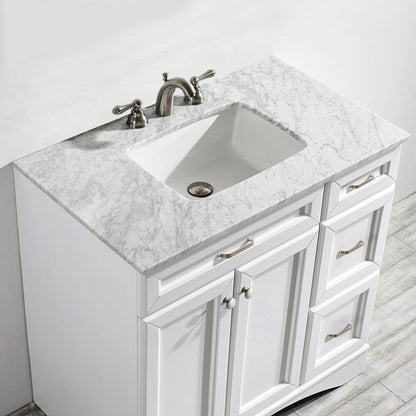 Vinnova Naples 36" White Freestanding Single Vanity Set In White Carrara Marble Top With Undermount Ceramic Sink