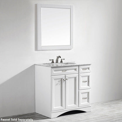 Vinnova Naples 36" White Freestanding Single Vanity Set In White Carrara Marble Top With Undermount Ceramic Sink and Mirror