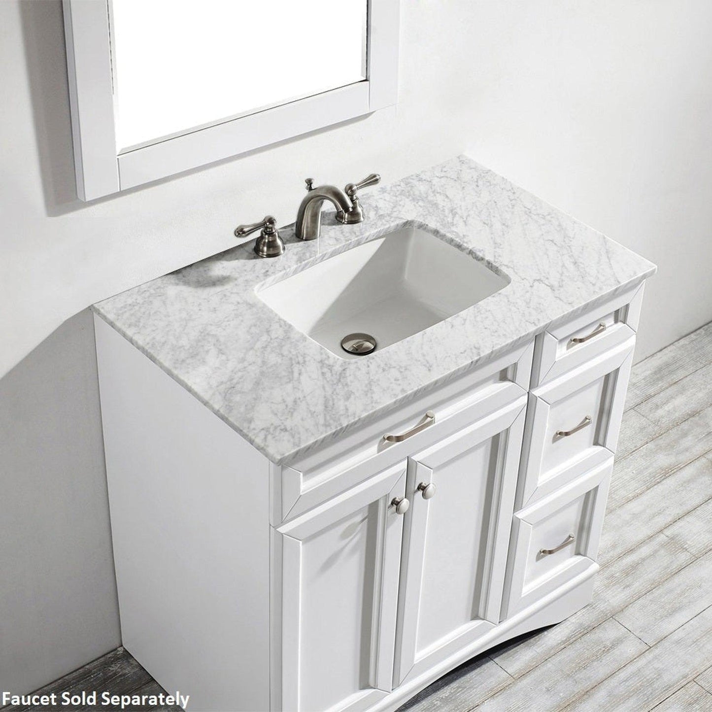 Vinnova Naples 36" White Freestanding Single Vanity Set In White Carrara Marble Top With Undermount Ceramic Sink and Mirror