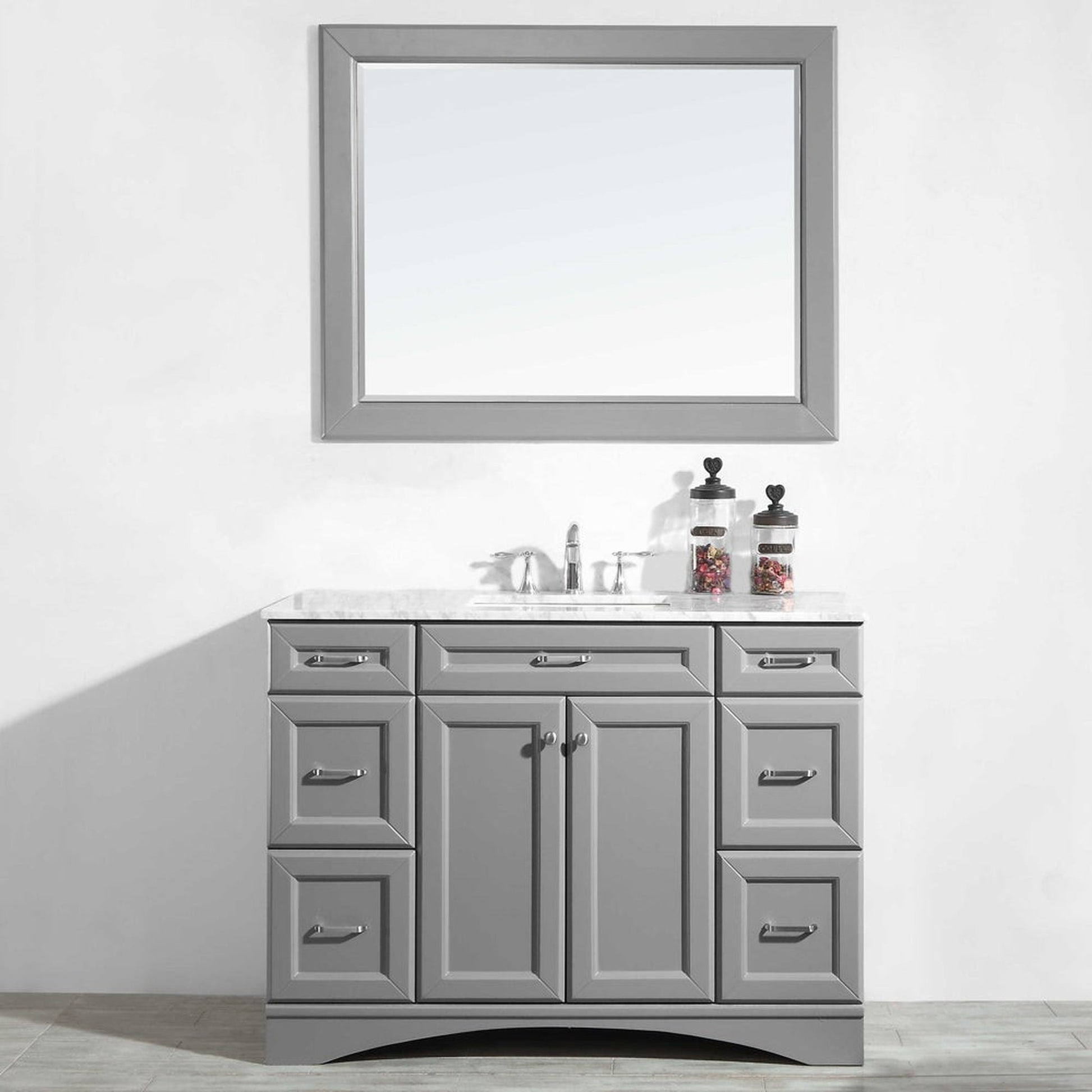 Vinnova Naples 48" Gray Freestanding Single Vanity Set In White Carrara Marble Top With Undermount Ceramic Sink and Mirror