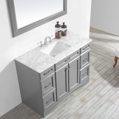 Vinnova Naples 48" Gray Freestanding Single Vanity Set In White Carrara Marble Top With Undermount Ceramic Sink and Mirror