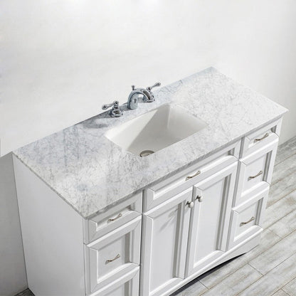 Vinnova Naples 48" White Freestanding Single Vanity Set In White Carrara Marble Top With Undermount Ceramic Sink