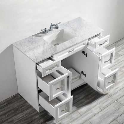 Vinnova Naples 48" White Freestanding Single Vanity Set In White Carrara Marble Top With Undermount Ceramic Sink