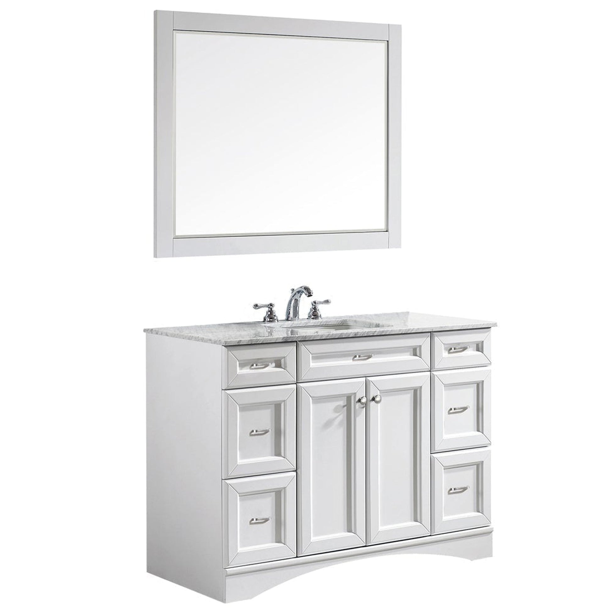 Vinnova Naples 48" White Freestanding Single Vanity Set In White Carrara Marble Top With Undermount Ceramic Sink and Mirror