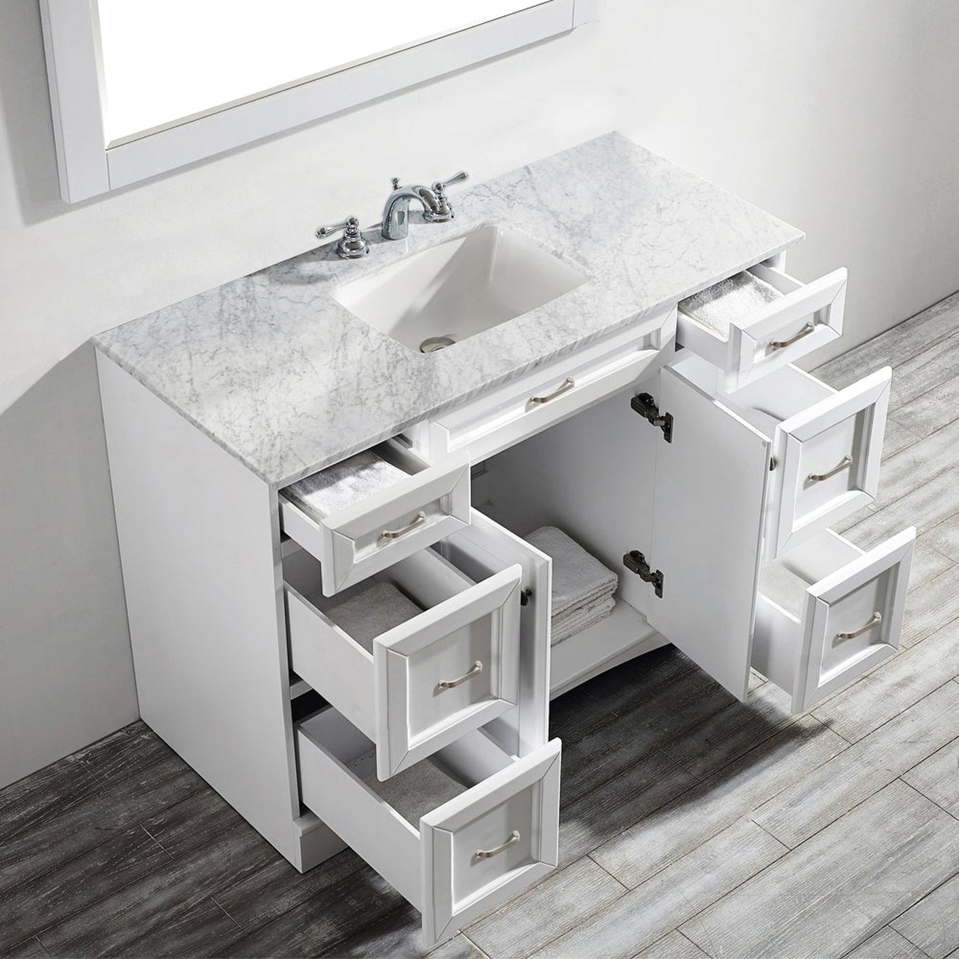 Vinnova Naples 48" White Freestanding Single Vanity Set In White Carrara Marble Top With Undermount Ceramic Sink and Mirror