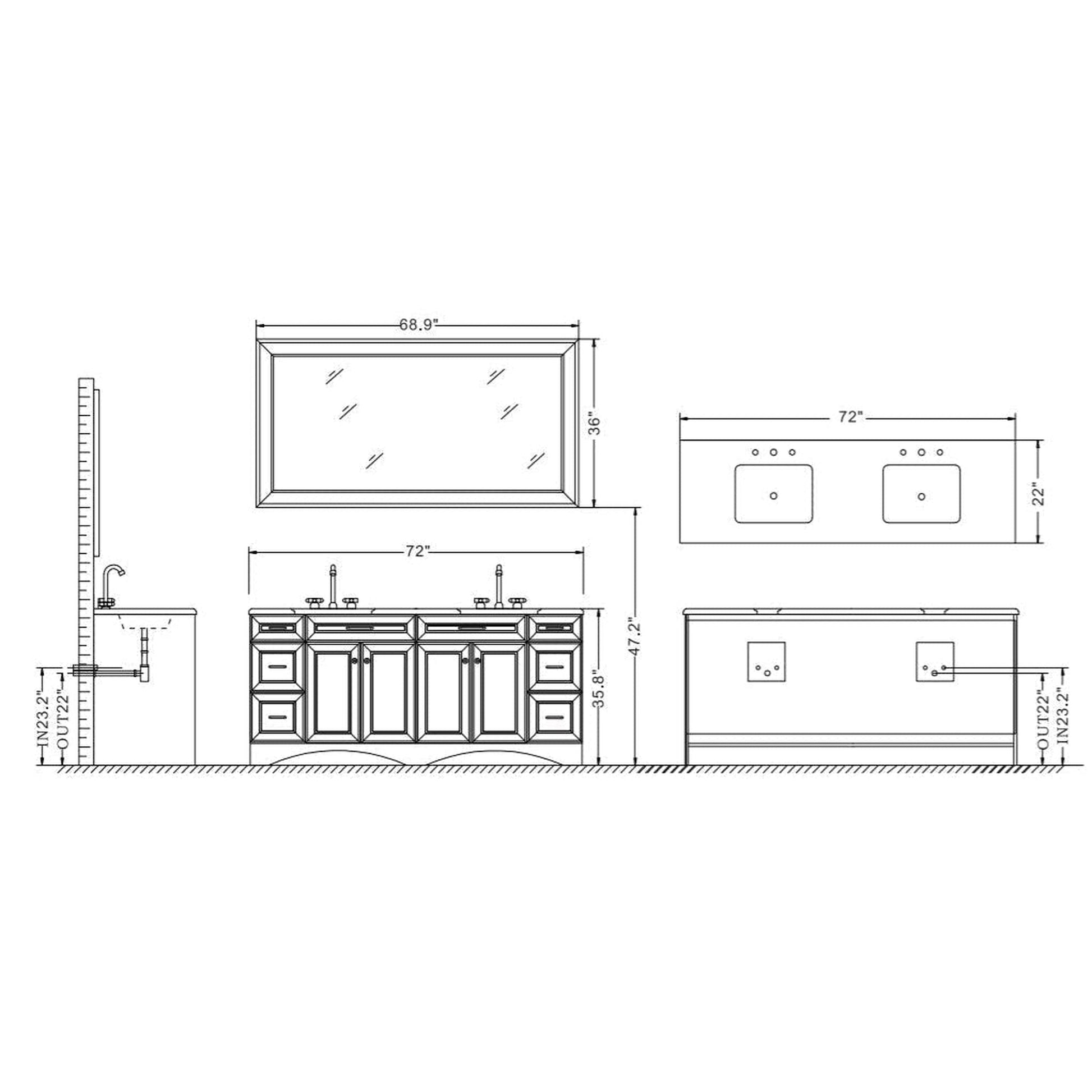 Vinnova Naples 72" Gray Freestanding Double Vanity Set In White Carrara Marble Top With Undermount Ceramic Sink and Mirror