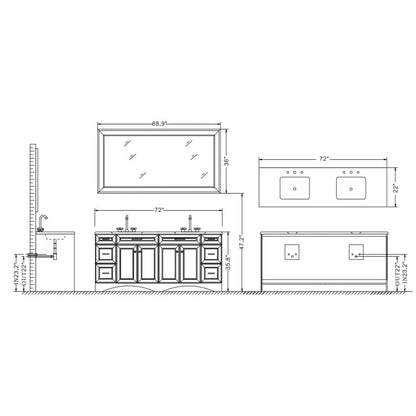 Vinnova Naples 72" Gray Freestanding Double Vanity Set In White Carrara Marble Top With Undermount Ceramic Sink and Mirror