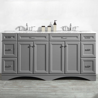 Vinnova Naples 72" Gray Freestanding Double Vanity Set In White Carrara Marble Top With Undermount Ceramic Sink