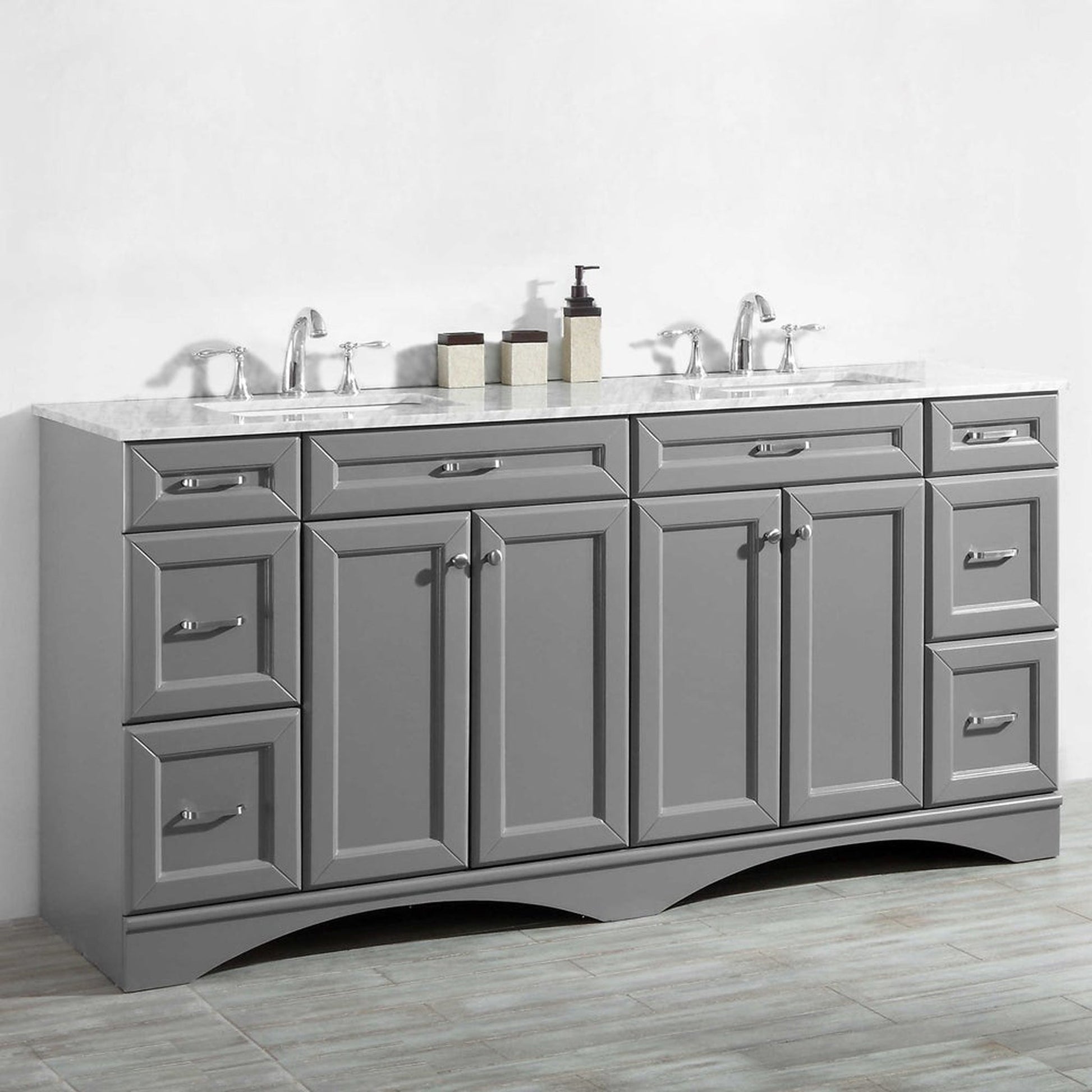 Vinnova Naples 72" Gray Freestanding Double Vanity Set In White Carrara Marble Top With Undermount Ceramic Sink