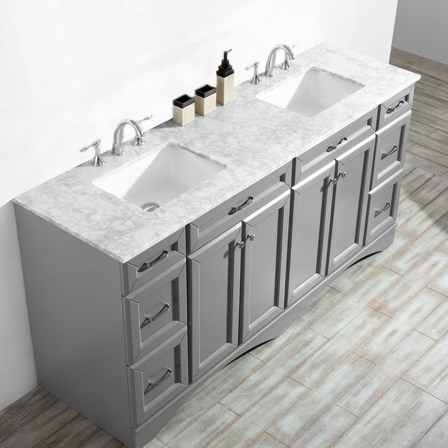 Vinnova Naples 72" Gray Freestanding Double Vanity Set In White Carrara Marble Top With Undermount Ceramic Sink