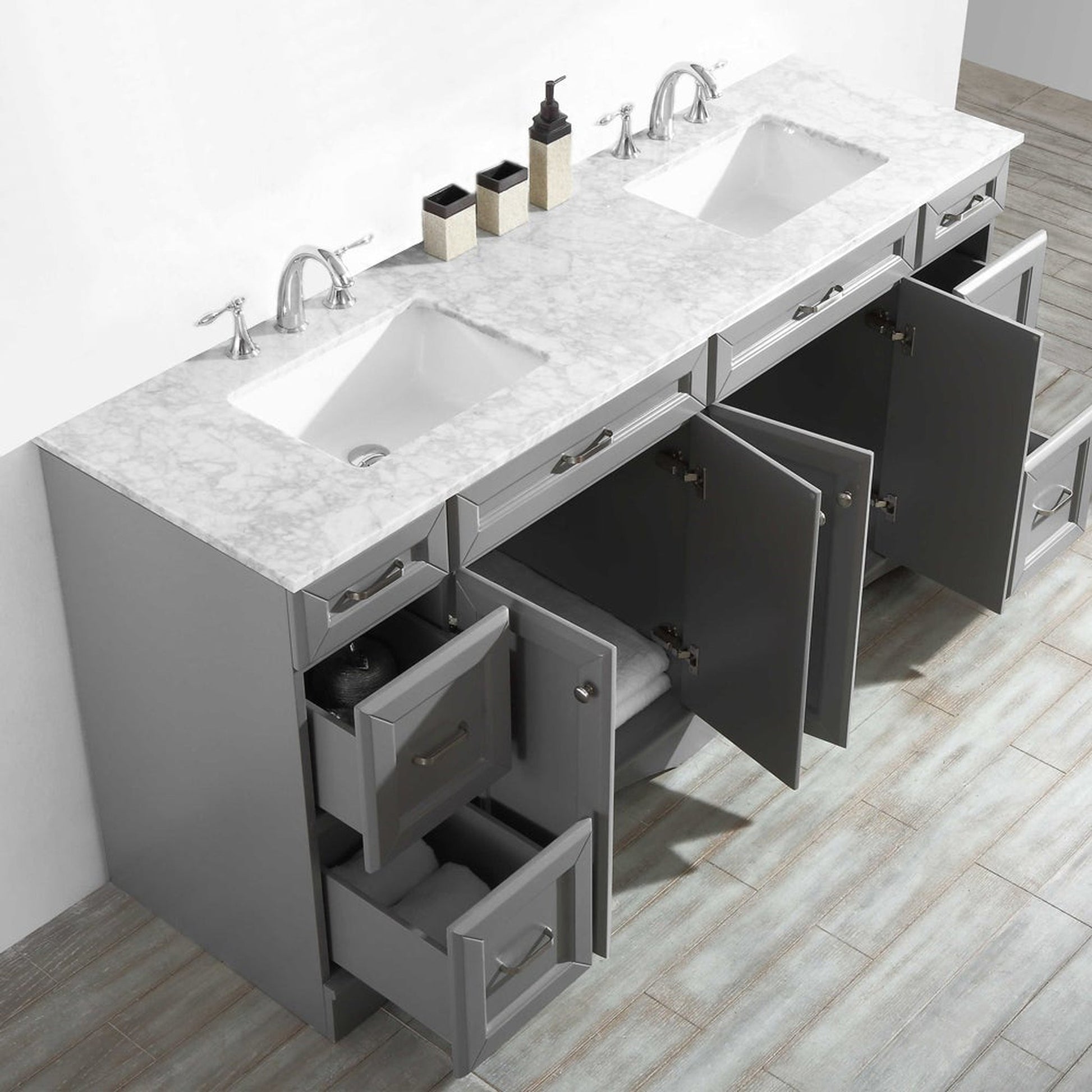 Vinnova Naples 72" Gray Freestanding Double Vanity Set In White Carrara Marble Top With Undermount Ceramic Sink