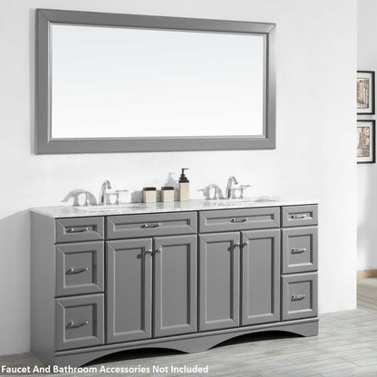 Vinnova Naples 72" Gray Freestanding Double Vanity Set In White Carrara Marble Top With Undermount Ceramic Sink and Mirror
