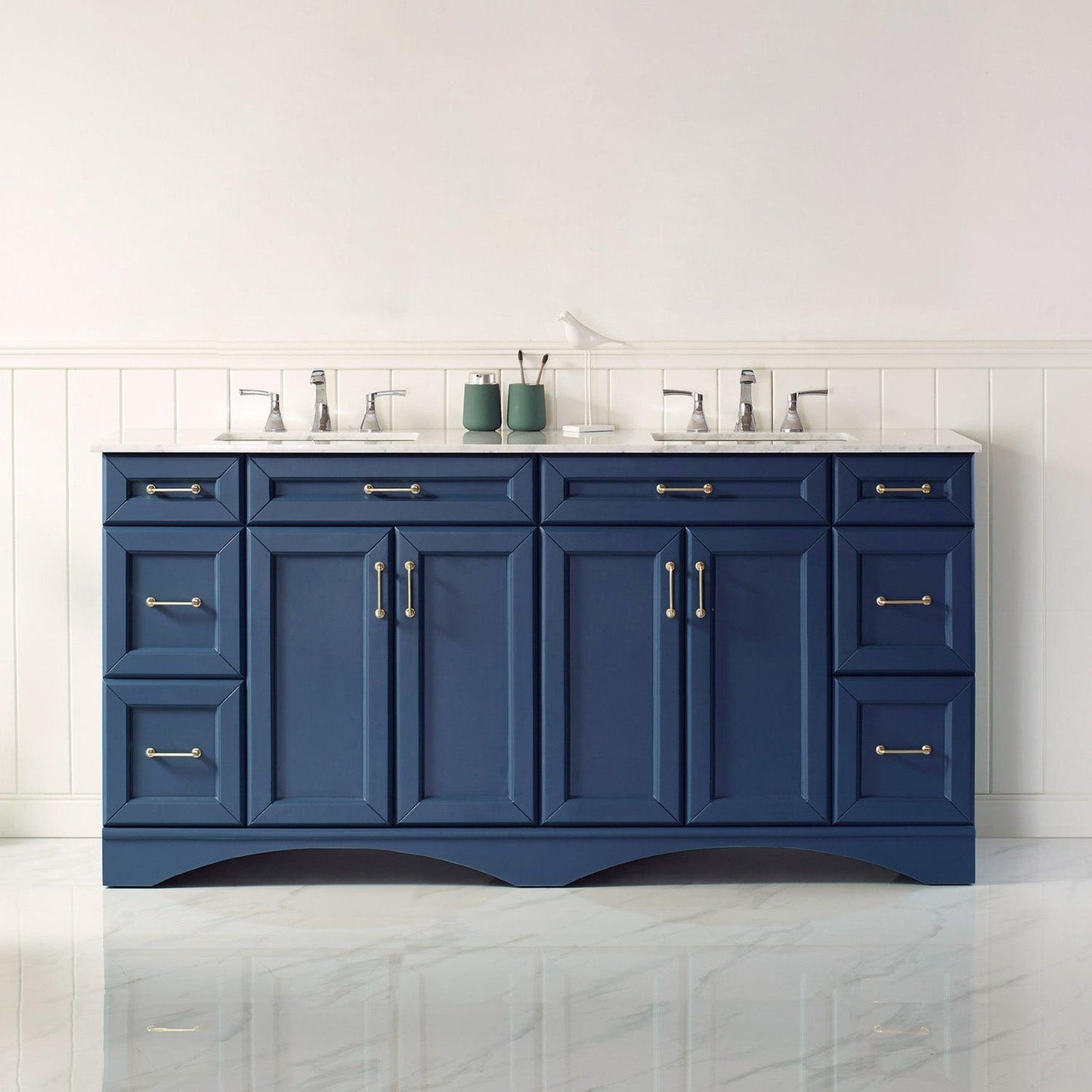 Vinnova Naples 72" Royal Blue Freestanding Double Vanity Set In White Carrara Marble Top With Undermount Ceramic Sink