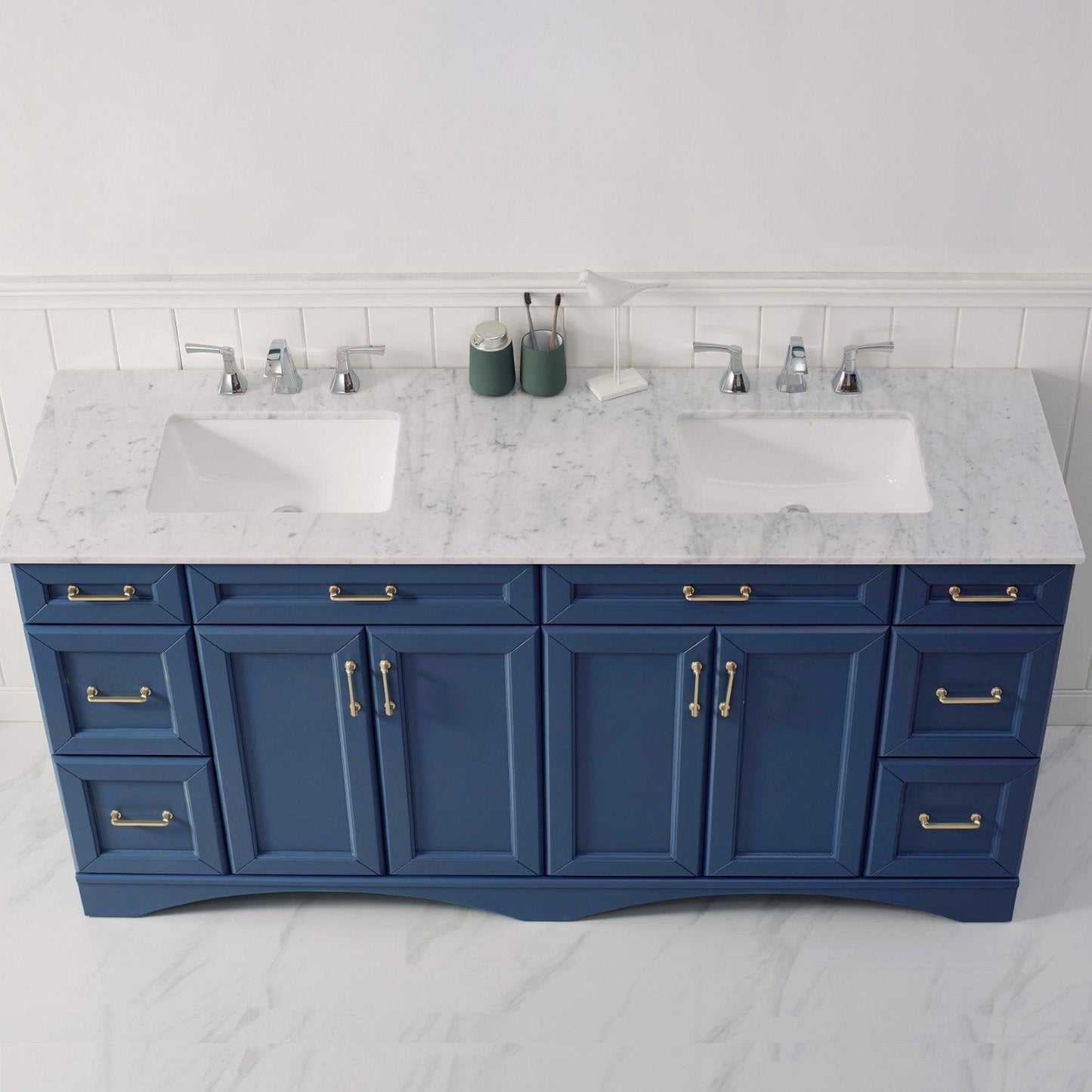 Vinnova Naples 72" Royal Blue Freestanding Double Vanity Set In White Carrara Marble Top With Undermount Ceramic Sink