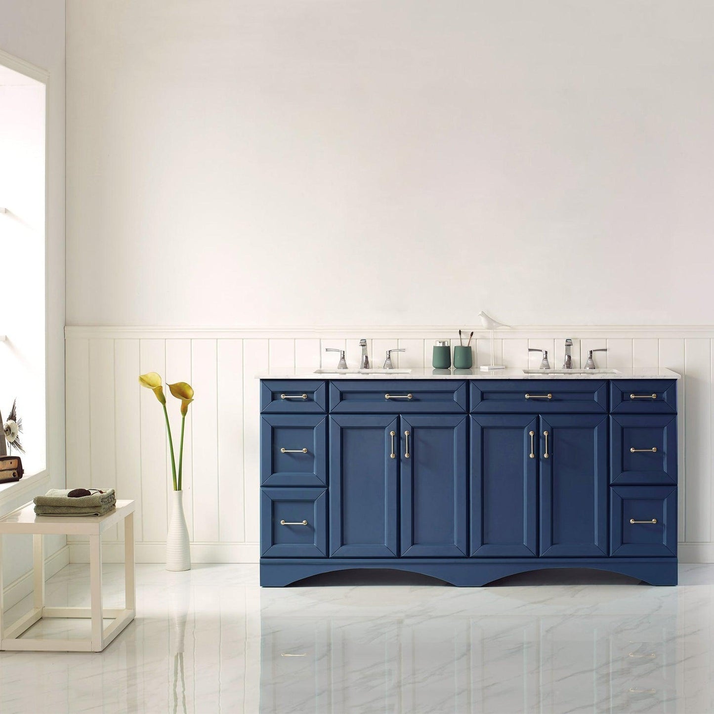 Vinnova Naples 72" Royal Blue Freestanding Double Vanity Set In White Carrara Marble Top With Undermount Ceramic Sink