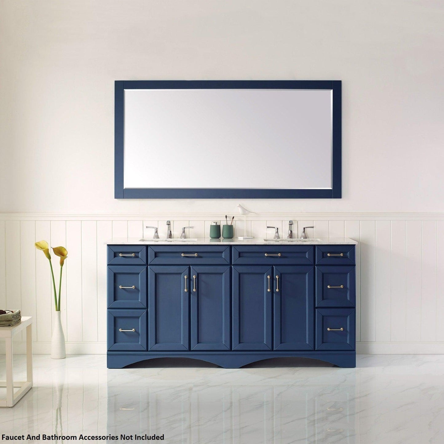 Vinnova Naples 72" Royal Blue Freestanding Double Vanity Set In White Carrara Marble Top With Undermount Ceramic Sink and Mirror