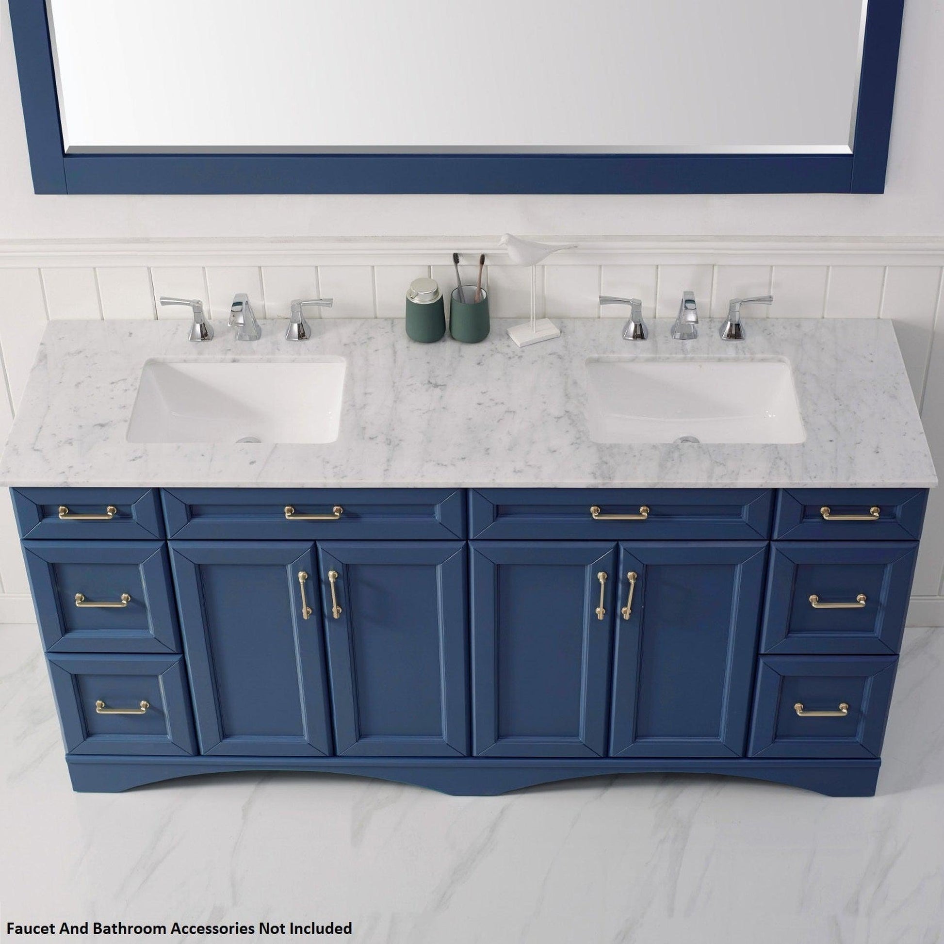 Vinnova Naples 72" Royal Blue Freestanding Double Vanity Set In White Carrara Marble Top With Undermount Ceramic Sink and Mirror