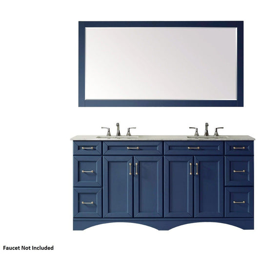 Vinnova Naples 72" Royal Blue Freestanding Double Vanity Set In White Carrara Marble Top With Undermount Ceramic Sink and Mirror