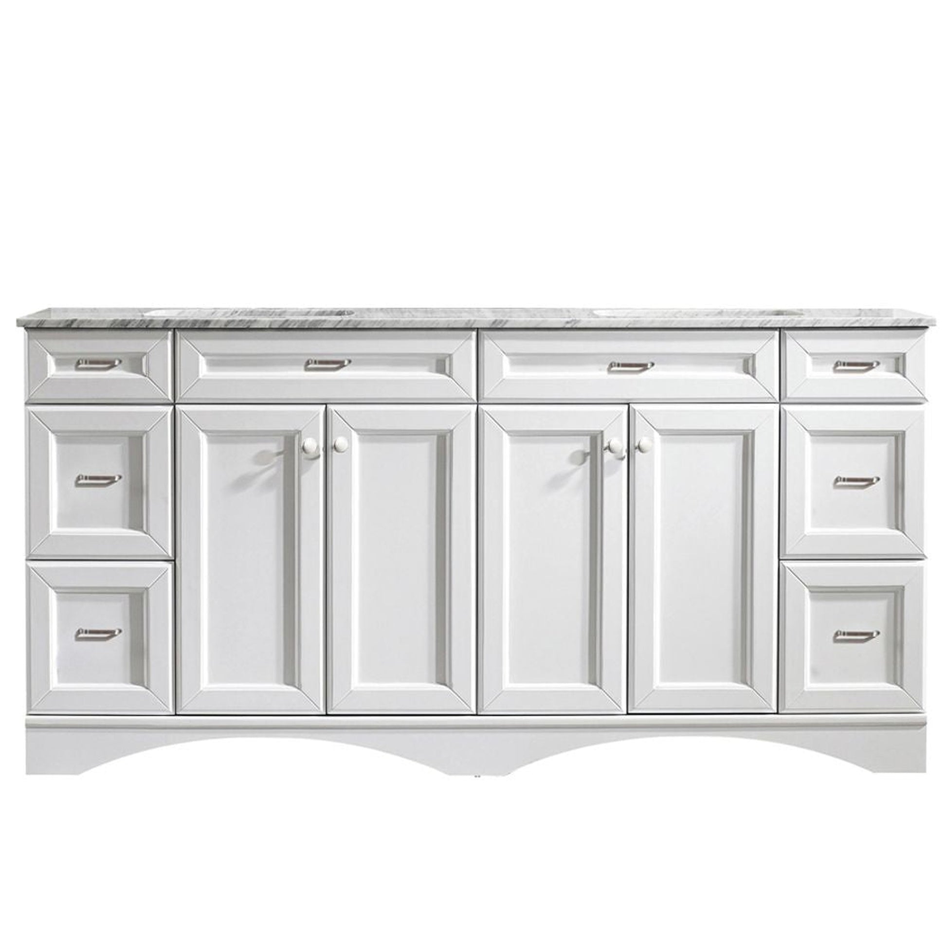 Vinnova Naples 72" White Freestanding Double Vanity Set In White Carrara Marble Top With Undermount Ceramic Sink and Mirror