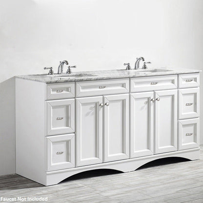 Vinnova Naples 72" White Freestanding Double Vanity Set In White Carrara Marble Top With Undermount Ceramic Sink