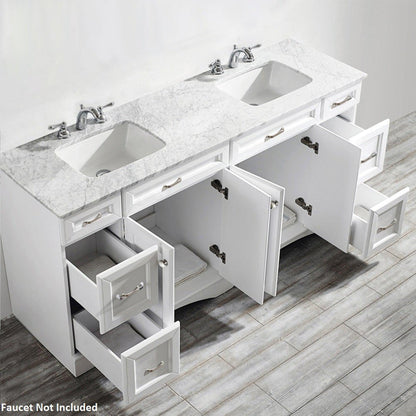 Vinnova Naples 72" White Freestanding Double Vanity Set In White Carrara Marble Top With Undermount Ceramic Sink