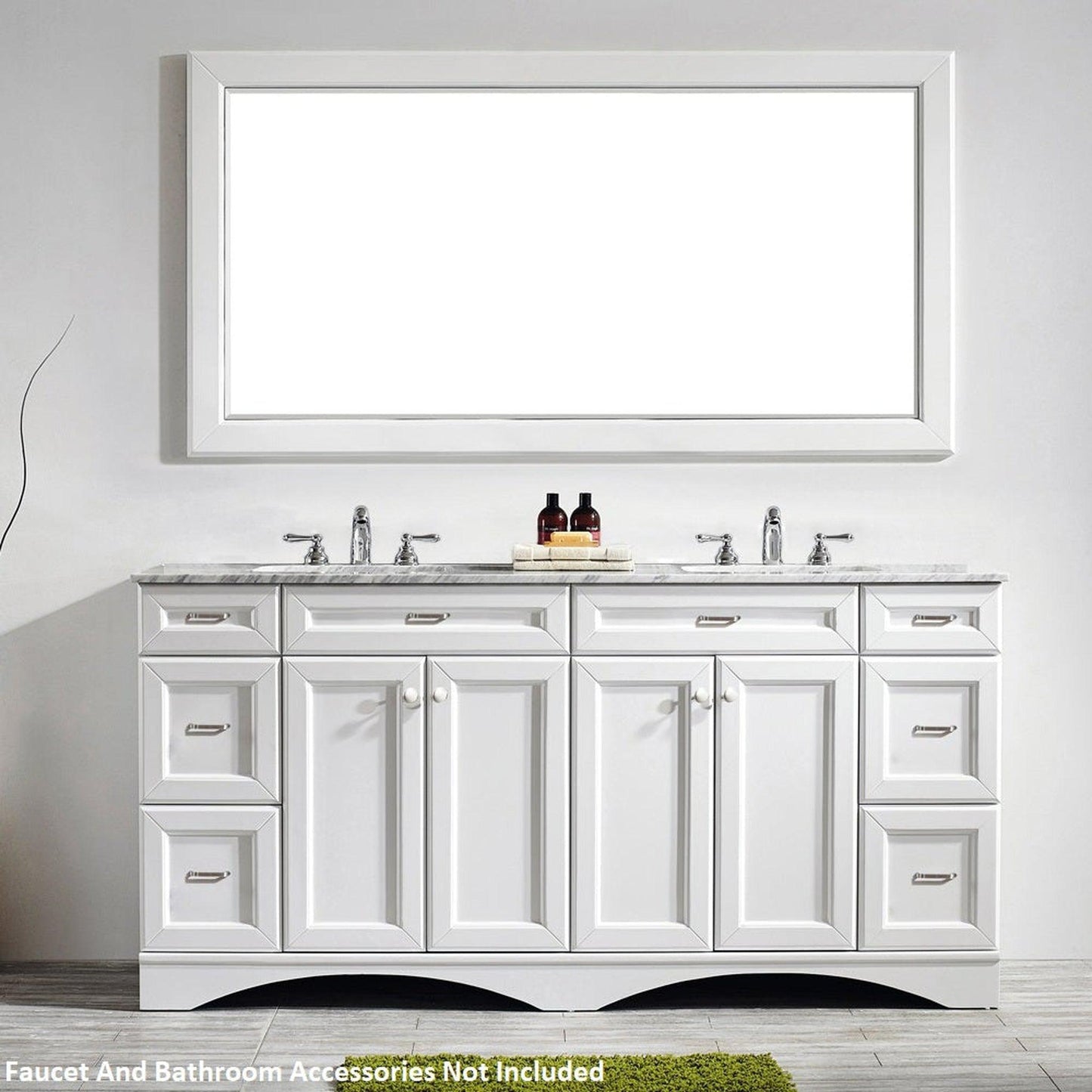 Vinnova Naples 72" White Freestanding Double Vanity Set In White Carrara Marble Top With Undermount Ceramic Sink and Mirror