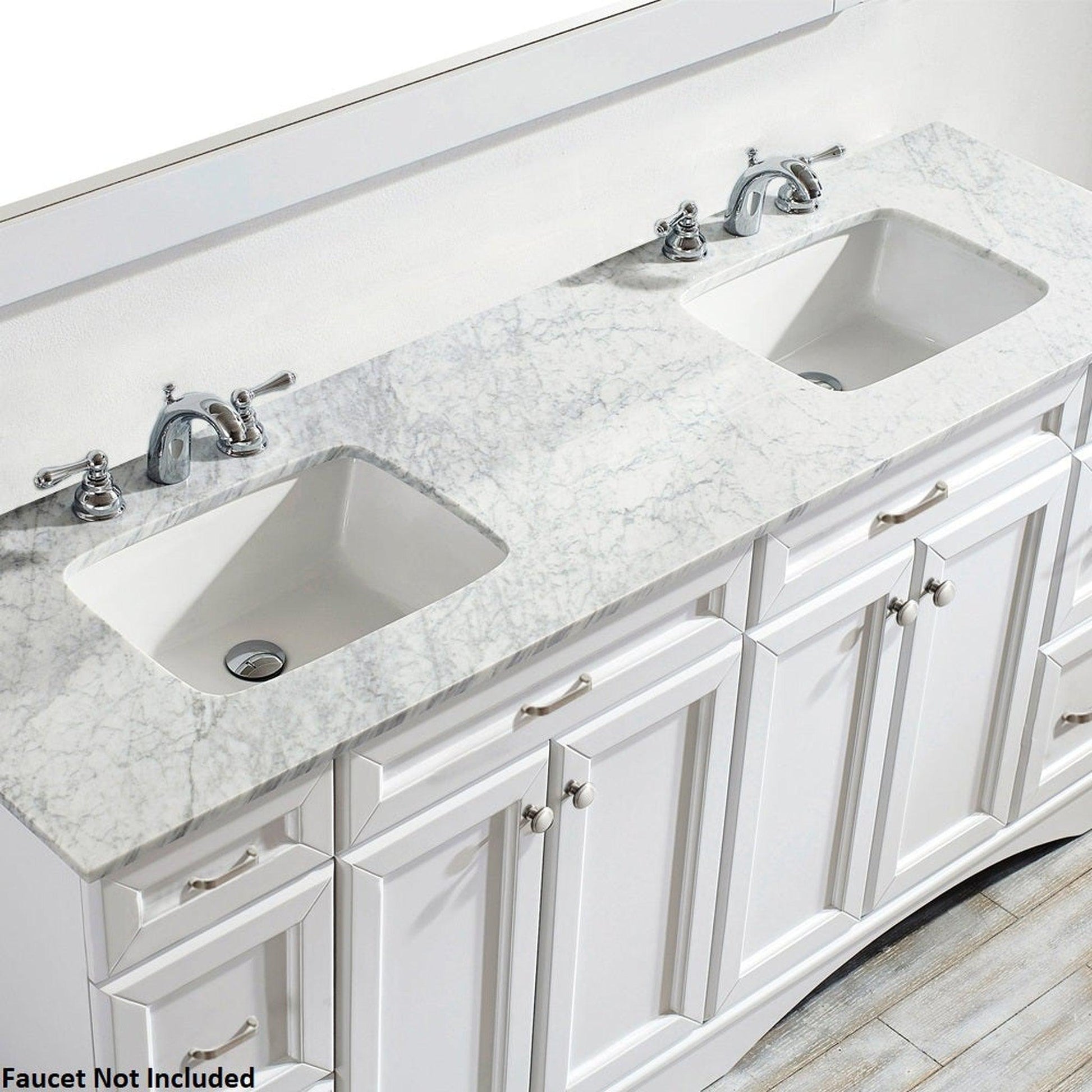 Vinnova Naples 72" White Freestanding Double Vanity Set In White Carrara Marble Top With Undermount Ceramic Sink and Mirror