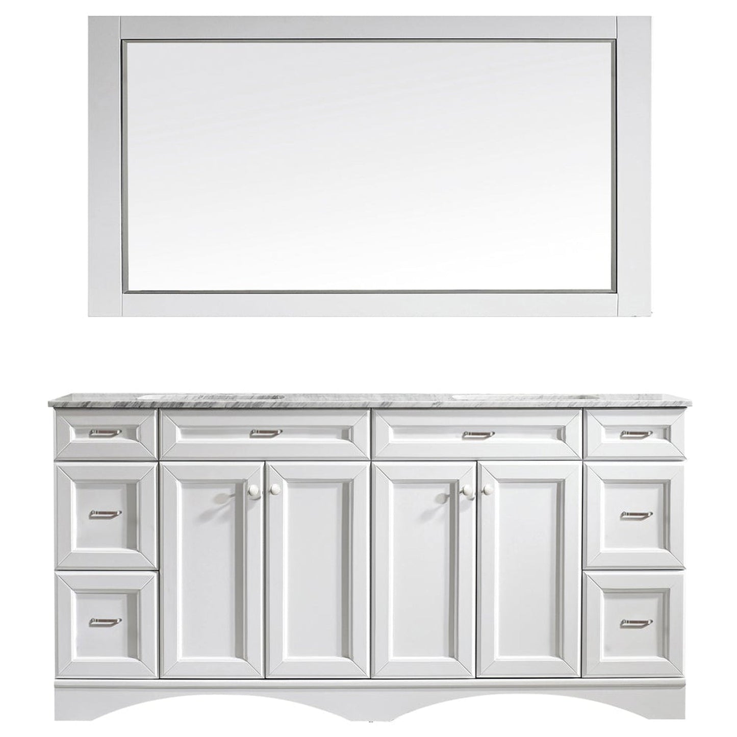 Vinnova Naples 72" White Freestanding Double Vanity Set In White Carrara Marble Top With Undermount Ceramic Sink and Mirror