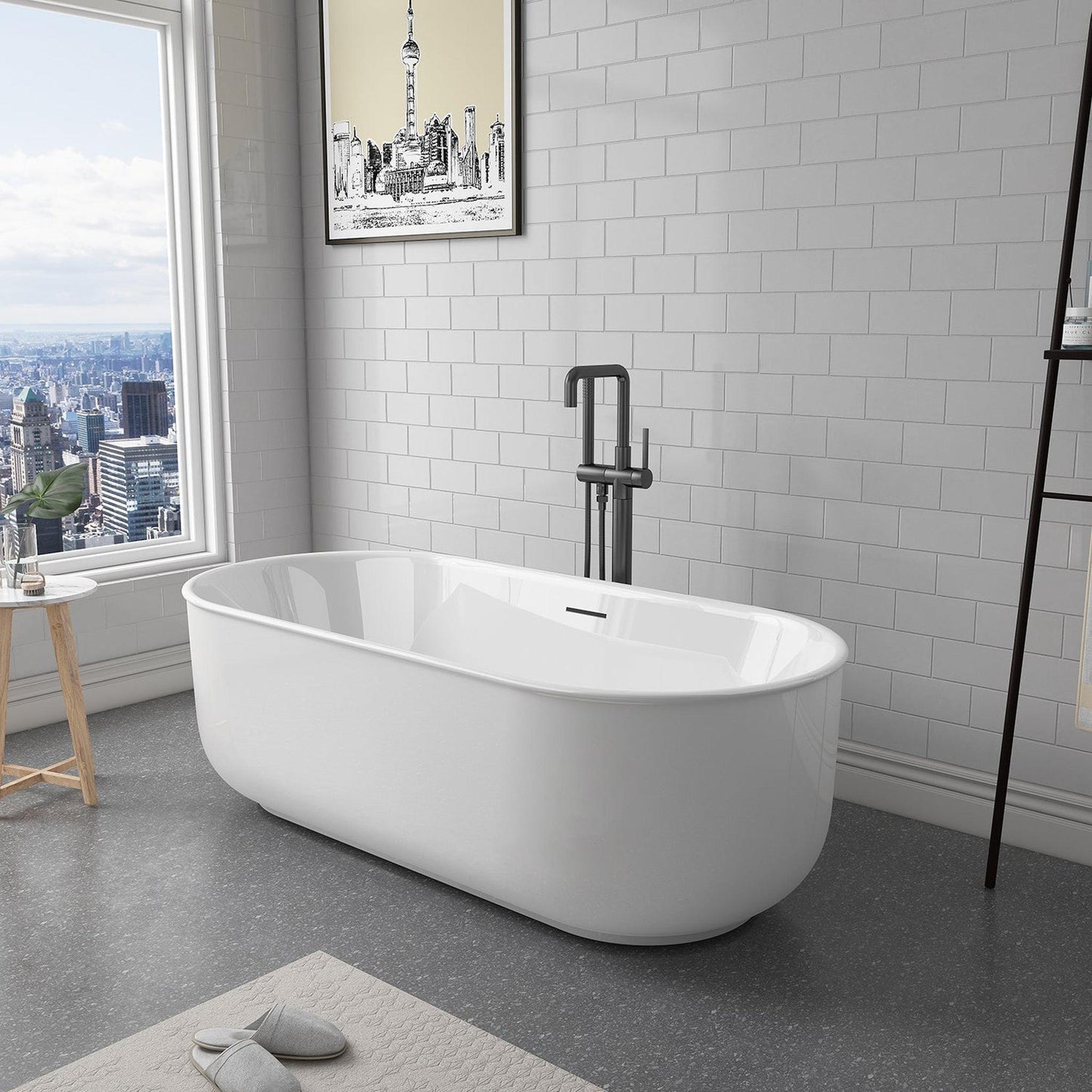 Vinnova Nuoro 59" x 32" White Oval Freestanding Soaking Acrylic Bathtub