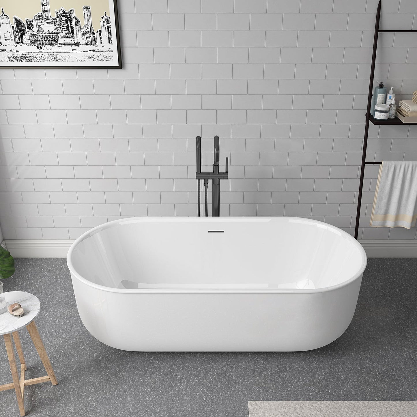 Vinnova Nuoro 59" x 32" White Oval Freestanding Soaking Acrylic Bathtub