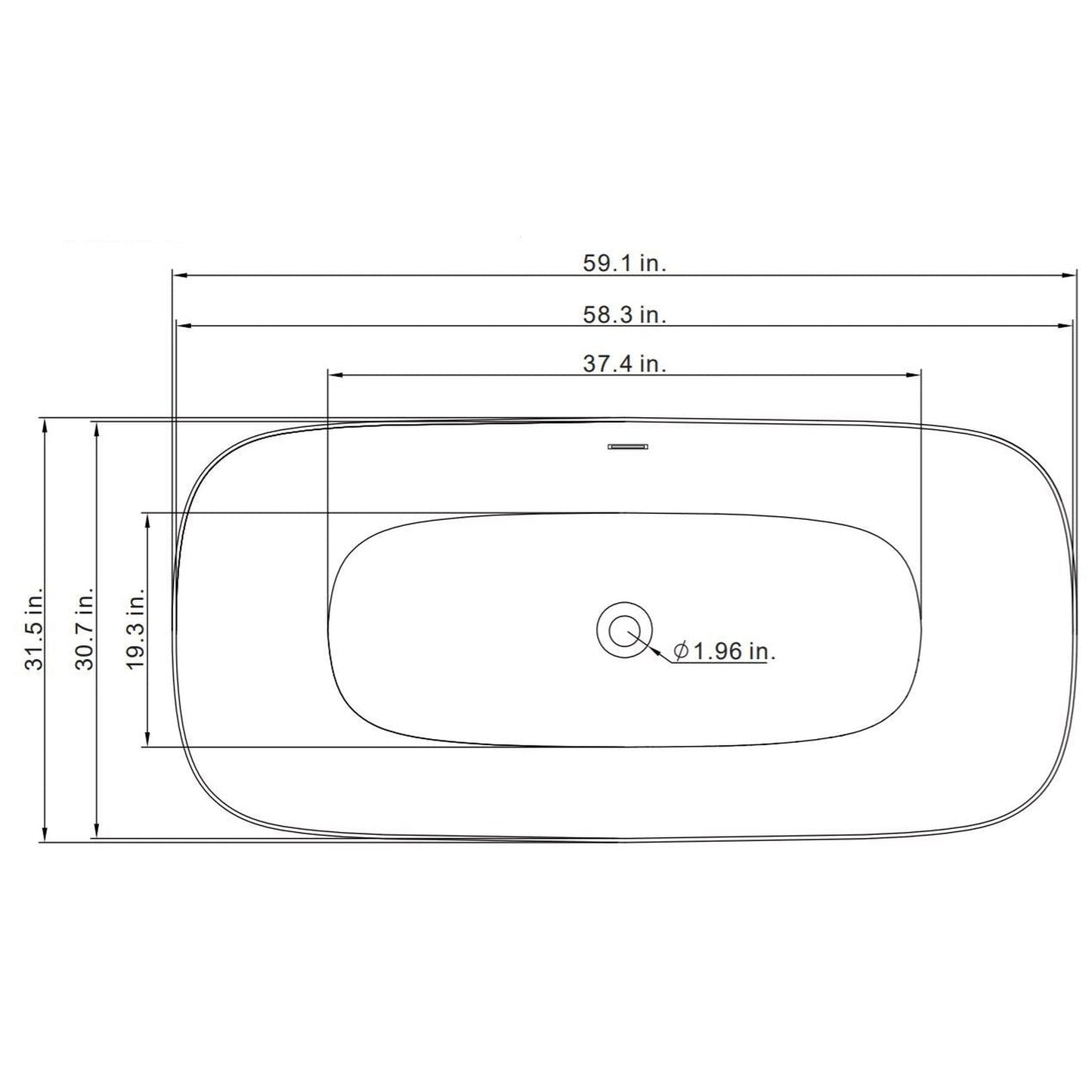 Vinnova Orion 59" x 32" White Oval Freestanding Soaking Acrylic Bathtub