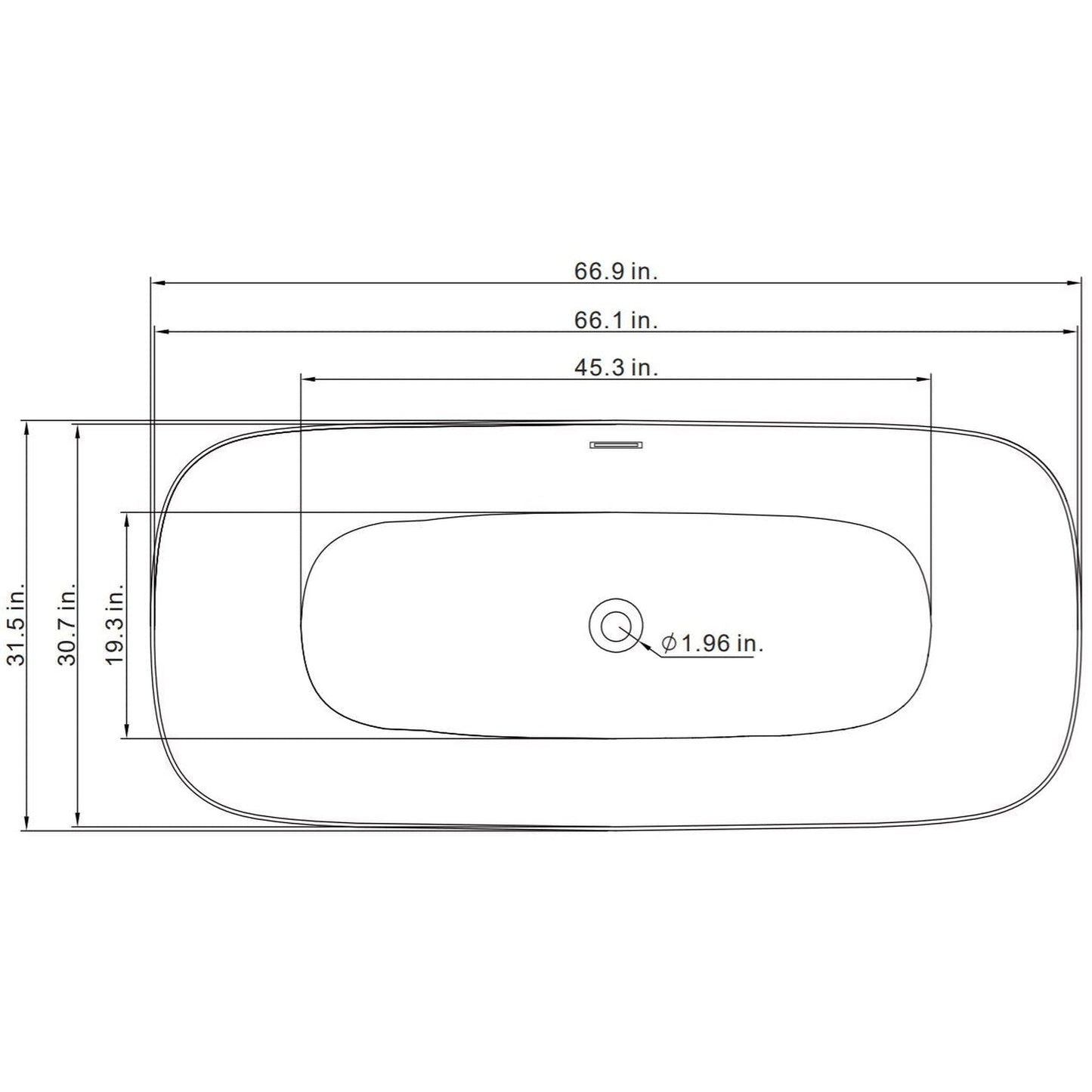 Vinnova Orion 67" x 32" White Oval Freestanding Soaking Acrylic Bathtub