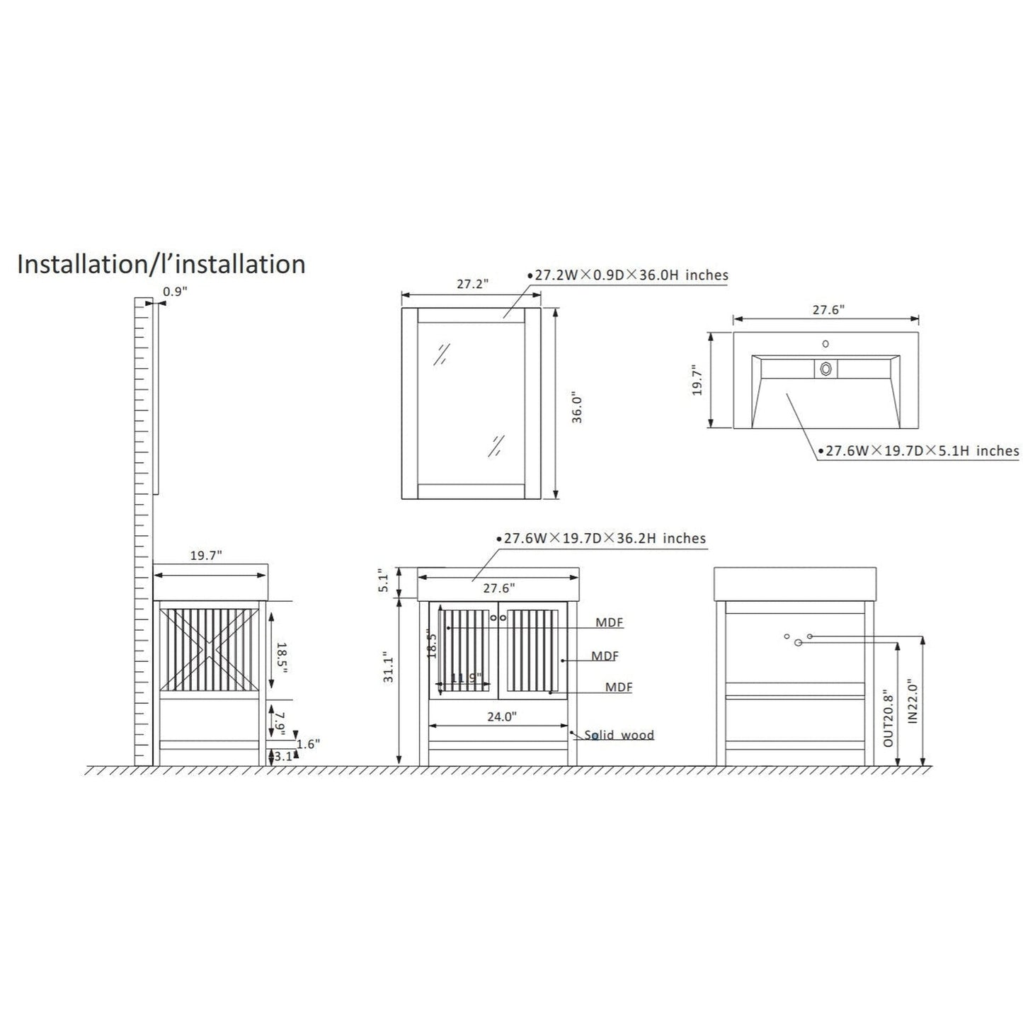 Vinnova Pavia 28" Gray Freestanding Single Vanity Set With Acrylic Undermount Sink And Mirror