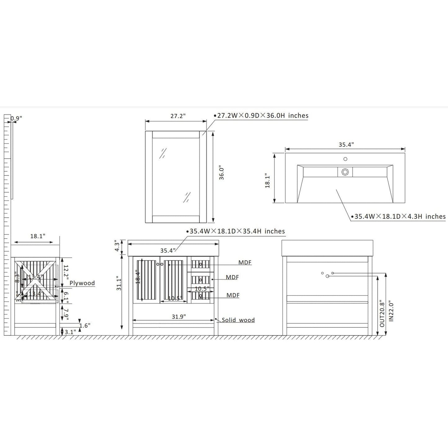 Vinnova Pavia 36" Gray Freestanding Single Vanity Set With Acrylic Undermount Sink