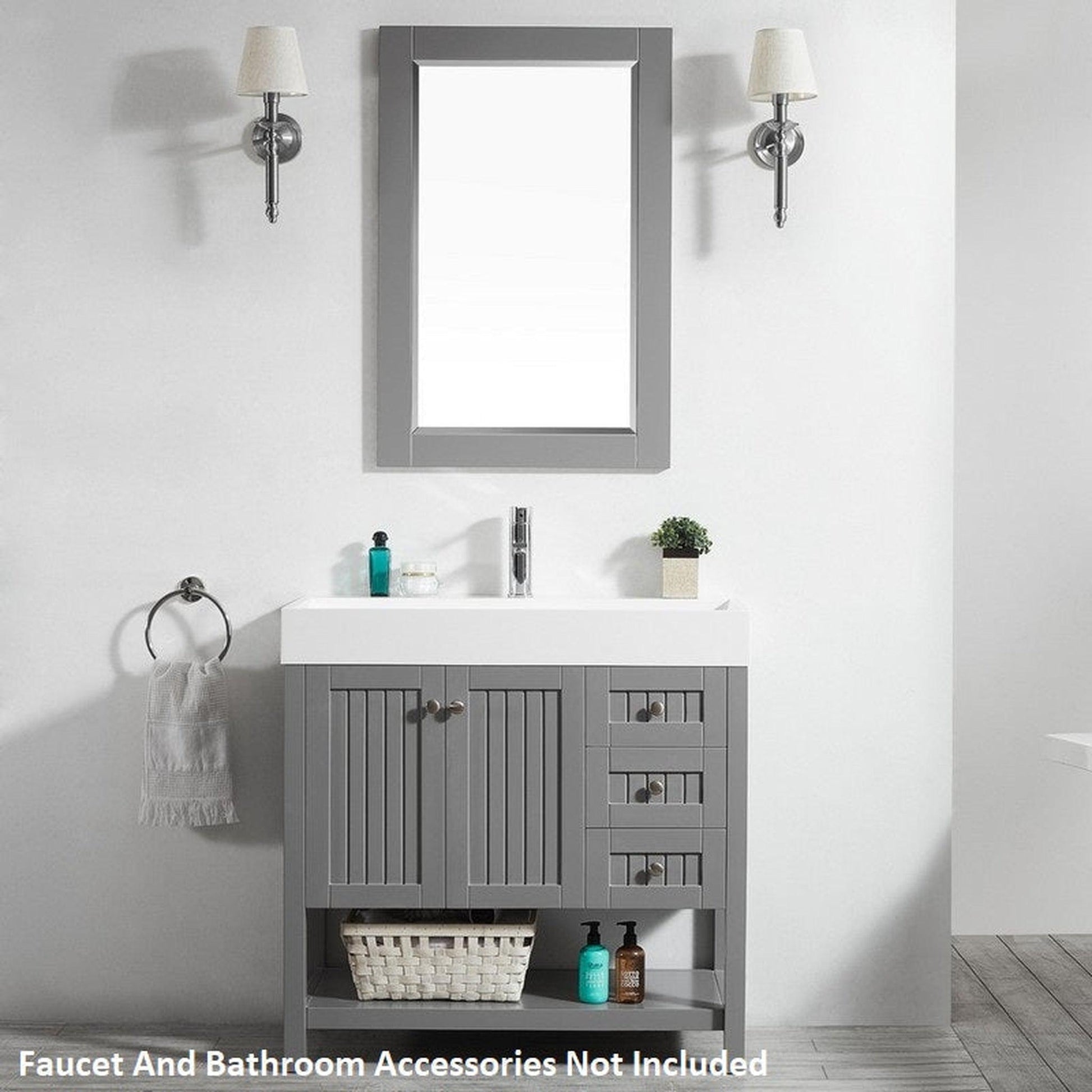 Vinnova Pavia 36" Gray Freestanding Single Vanity Set With Acrylic Undermount Sink And Mirror