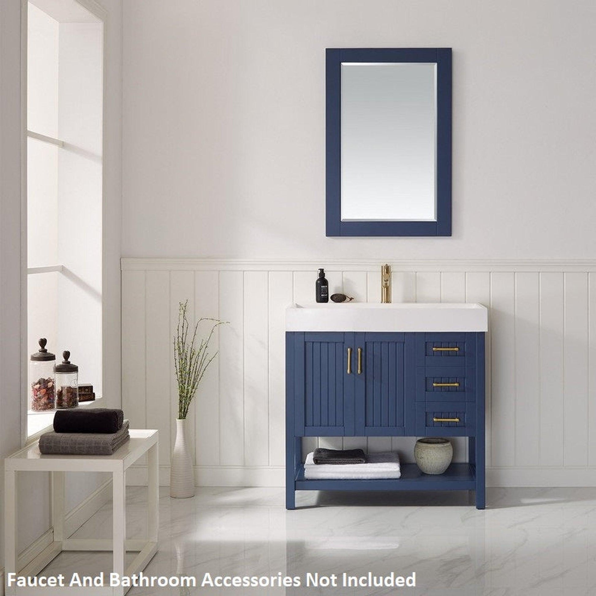 Vinnova Pavia 36" Royal Blue Freestanding Single Vanity Set With Acrylic Undermount Sink And Mirror