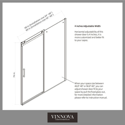 Vinnova Rovigo 48" x 76" Matte Black Single Sliding Frameless Shower Door