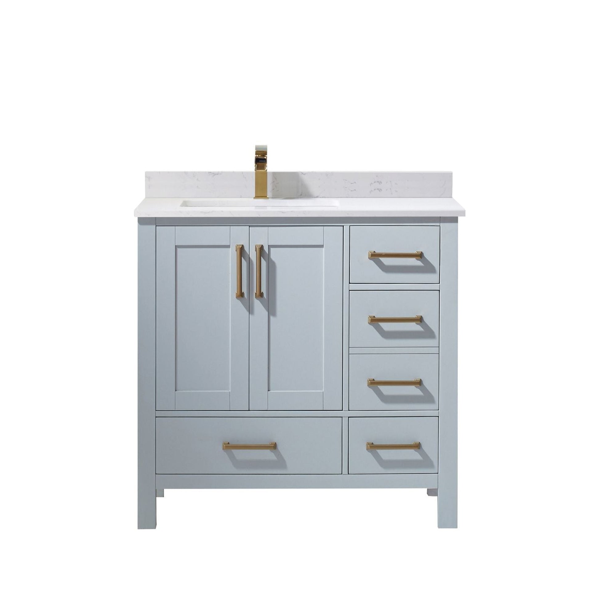 Vinnova Shannon 36" Paris Gray Freestanding Single Vanity Set In White Carrara Composite Stone Top With Undermount Ceramic Sink and Mirror