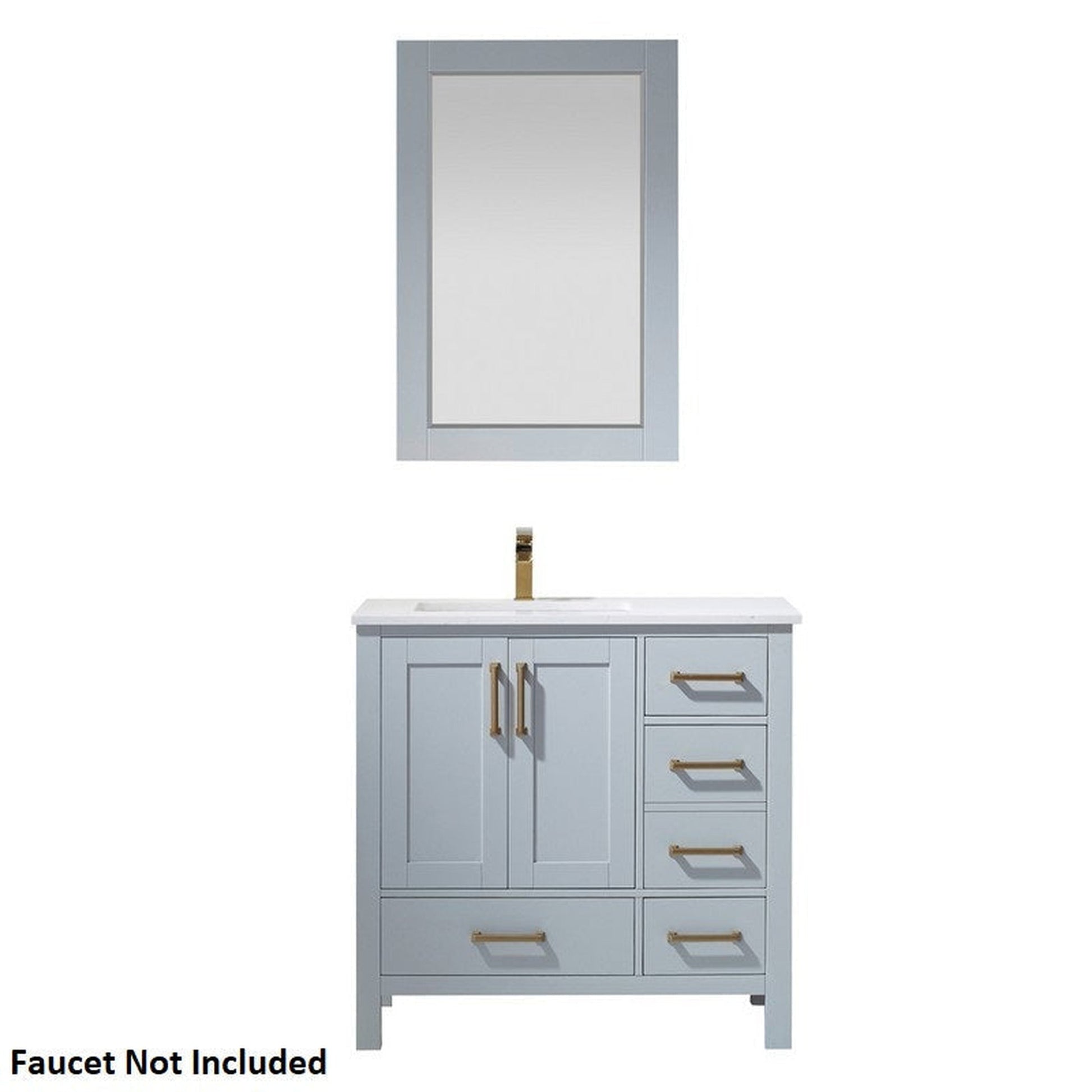 Vinnova Shannon 36" Paris Gray Freestanding Single Vanity Set In White Carrara Composite Stone Top With Undermount Ceramic Sink and Mirror