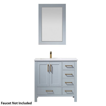 Vinnova Shannon 36" Paris Gray Freestanding Single Vanity Set In White Carrara Composite Stone Top With Undermount Ceramic Sink and Mirror