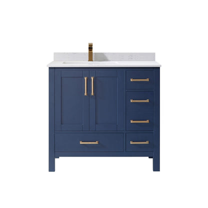 Vinnova Shannon 36" Royal Blue Freestanding Single Vanity Set In White Carrara Composite Stone Top With Undermount Ceramic Sink and Mirror