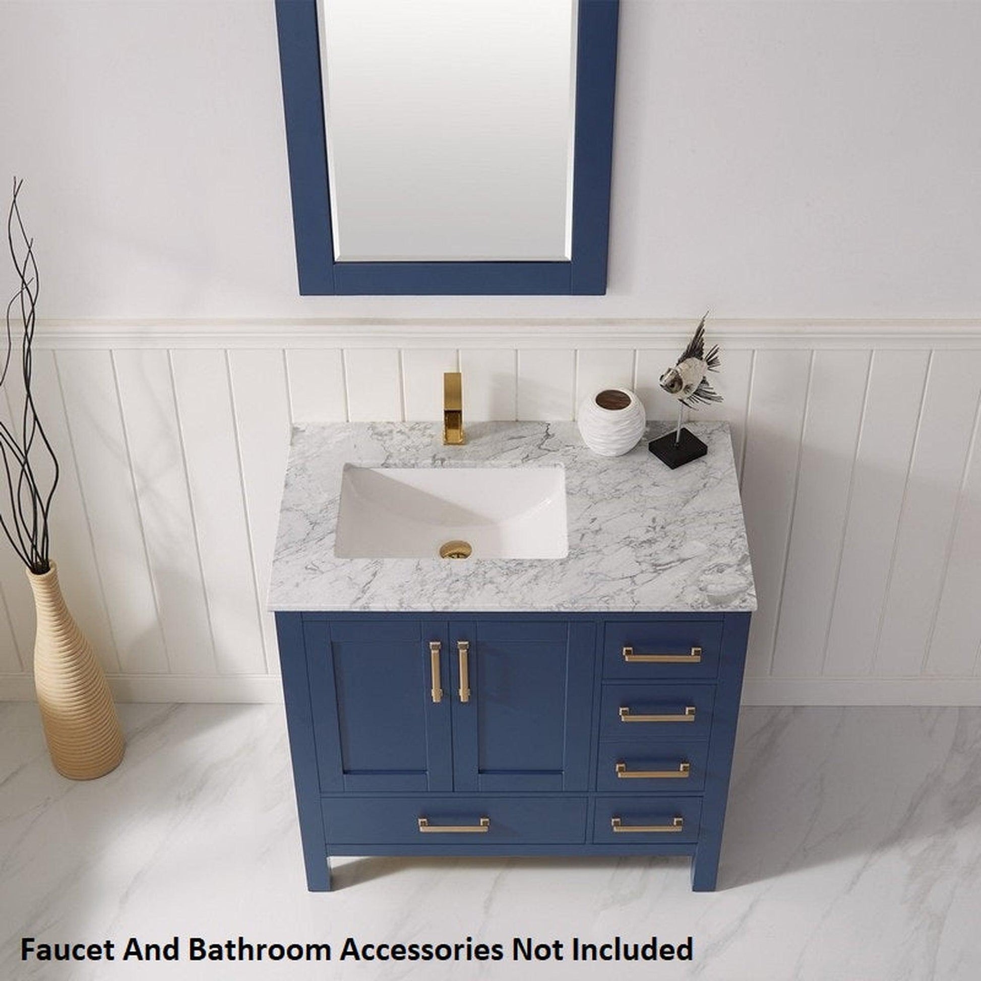 Vinnova Shannon 36" Royal Blue Freestanding Single Vanity Set In White Carrara Composite Stone Top With Undermount Ceramic Sink and Mirror