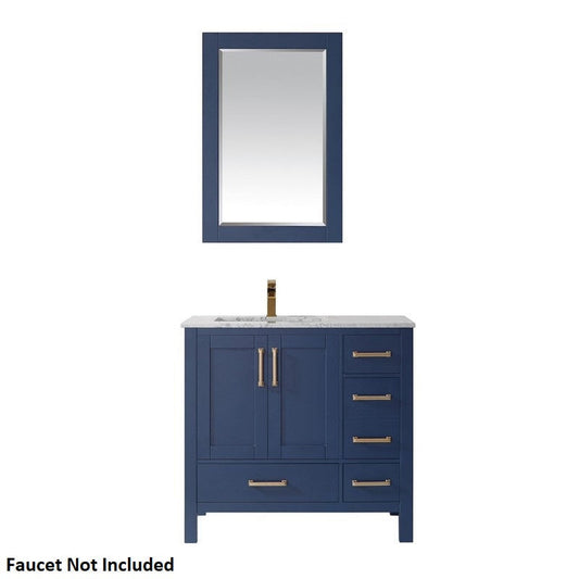 Vinnova Shannon 36" Royal Blue Freestanding Single Vanity Set In White Carrara Composite Stone Top With Undermount Ceramic Sink and Mirror