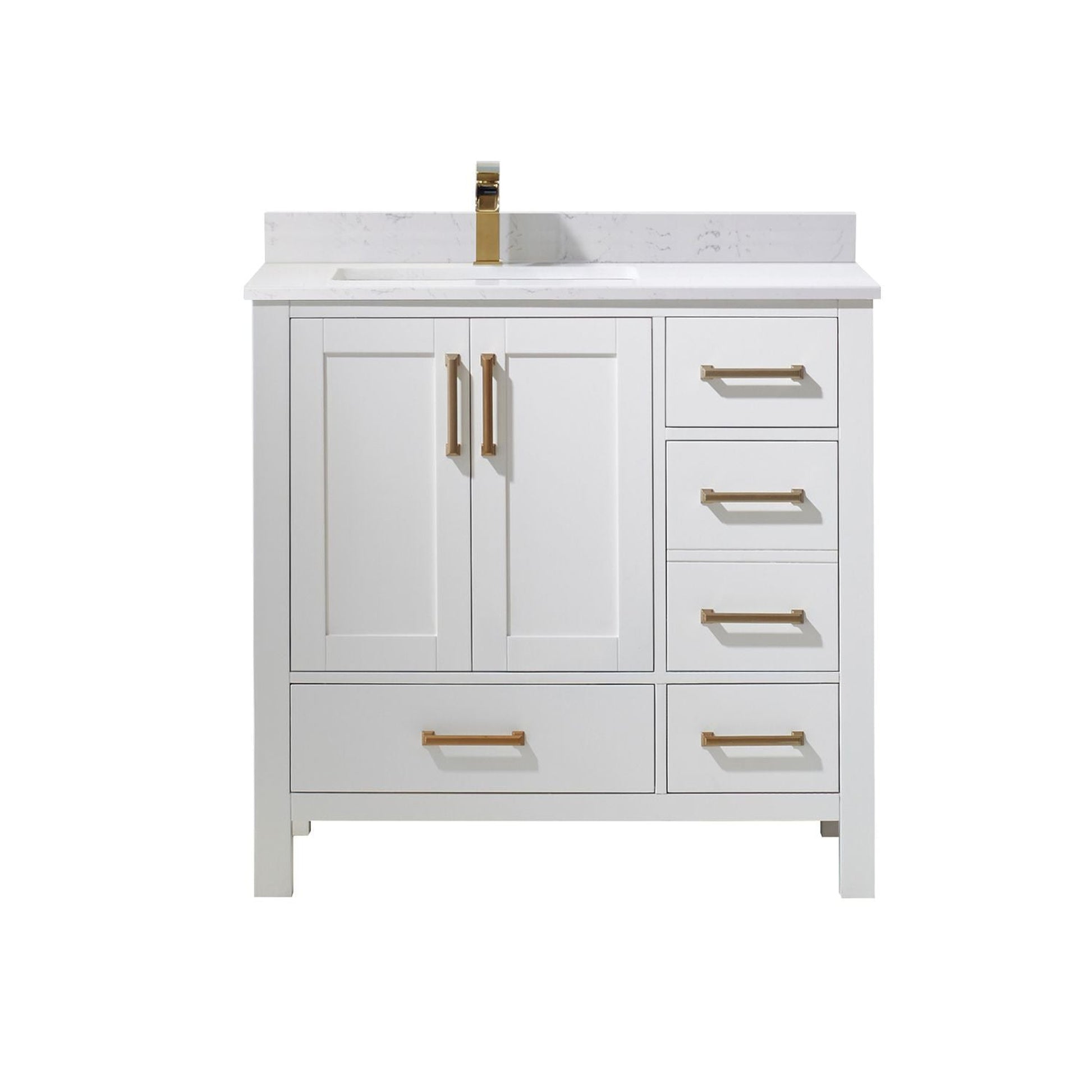 Vinnova Shannon 36" White Freestanding Single Vanity Set In White Carrara Composite Stone Top With Undermount Ceramic Sink and Mirror